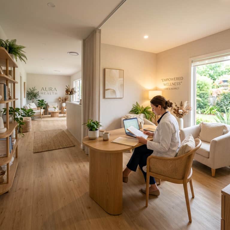 Healthcare professional using tablet in a bright, modern wellness clinic.